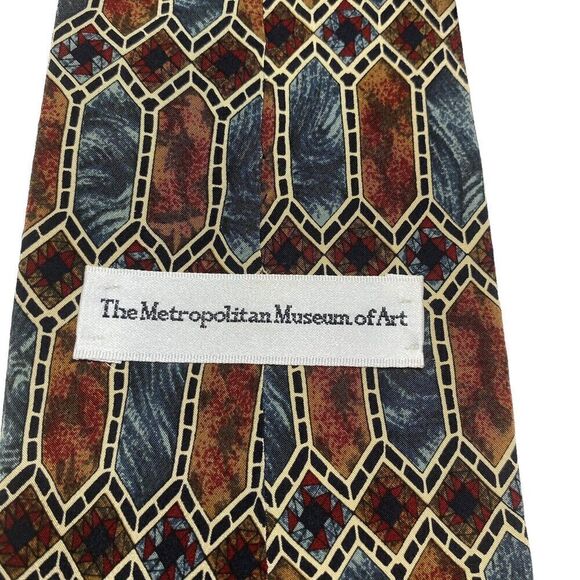 Metropolitan Museum of Art Tie Men's Necktie Silk Brown Blue Ivory Geometric - Picture 4 of 7